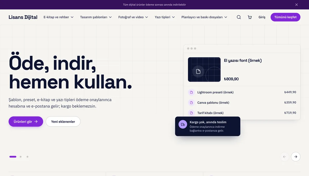 Lisans teması ana sayfası, masaüstü